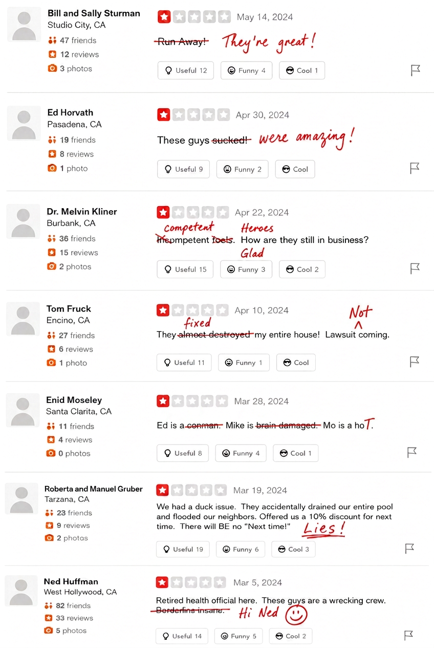 Welp reviews of Boner Bros Pest Control, corrected in red pen by the crew